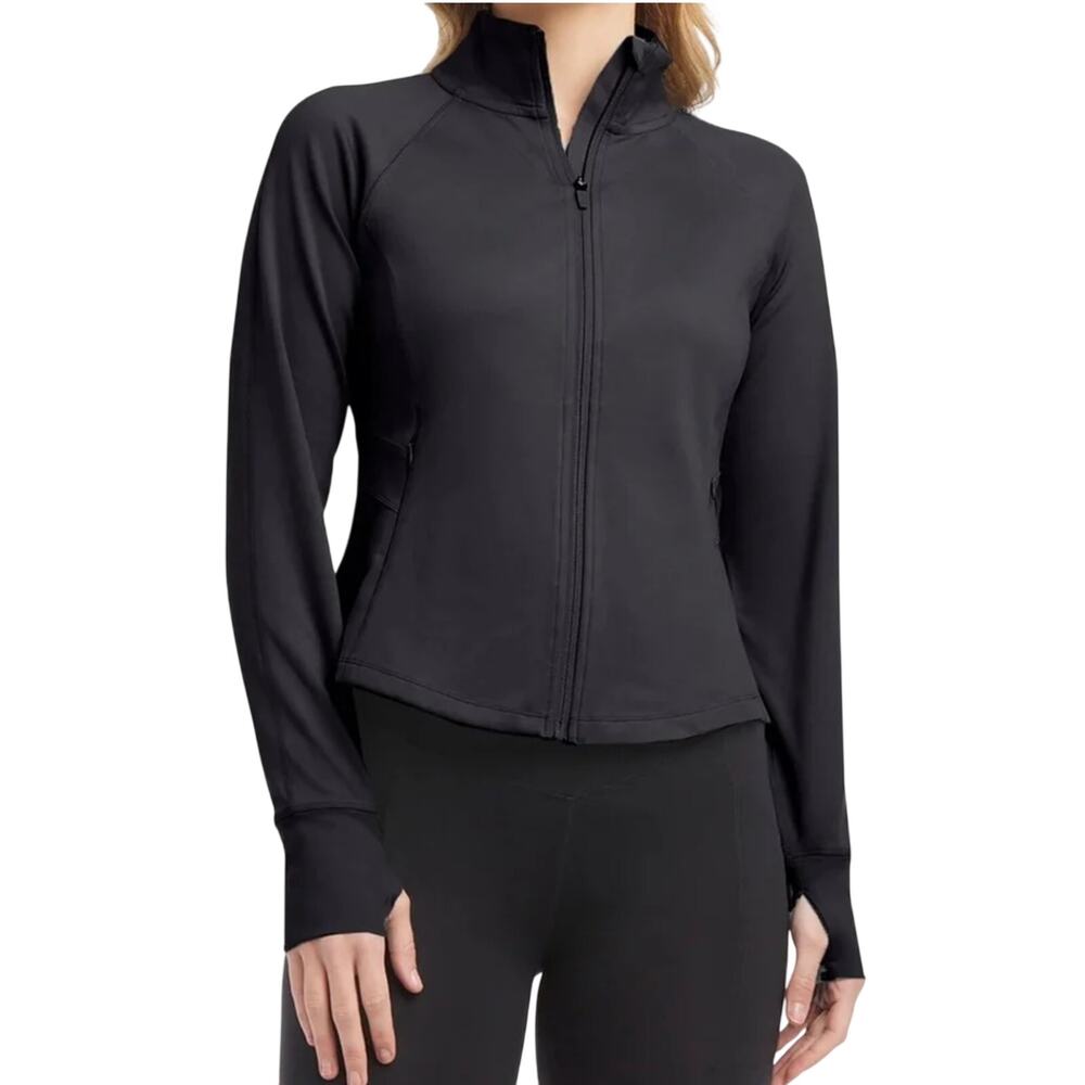 Jockey Tulip Hem Full zip Yoga jacket Thumb holes Vertical zip pockets Mock neck